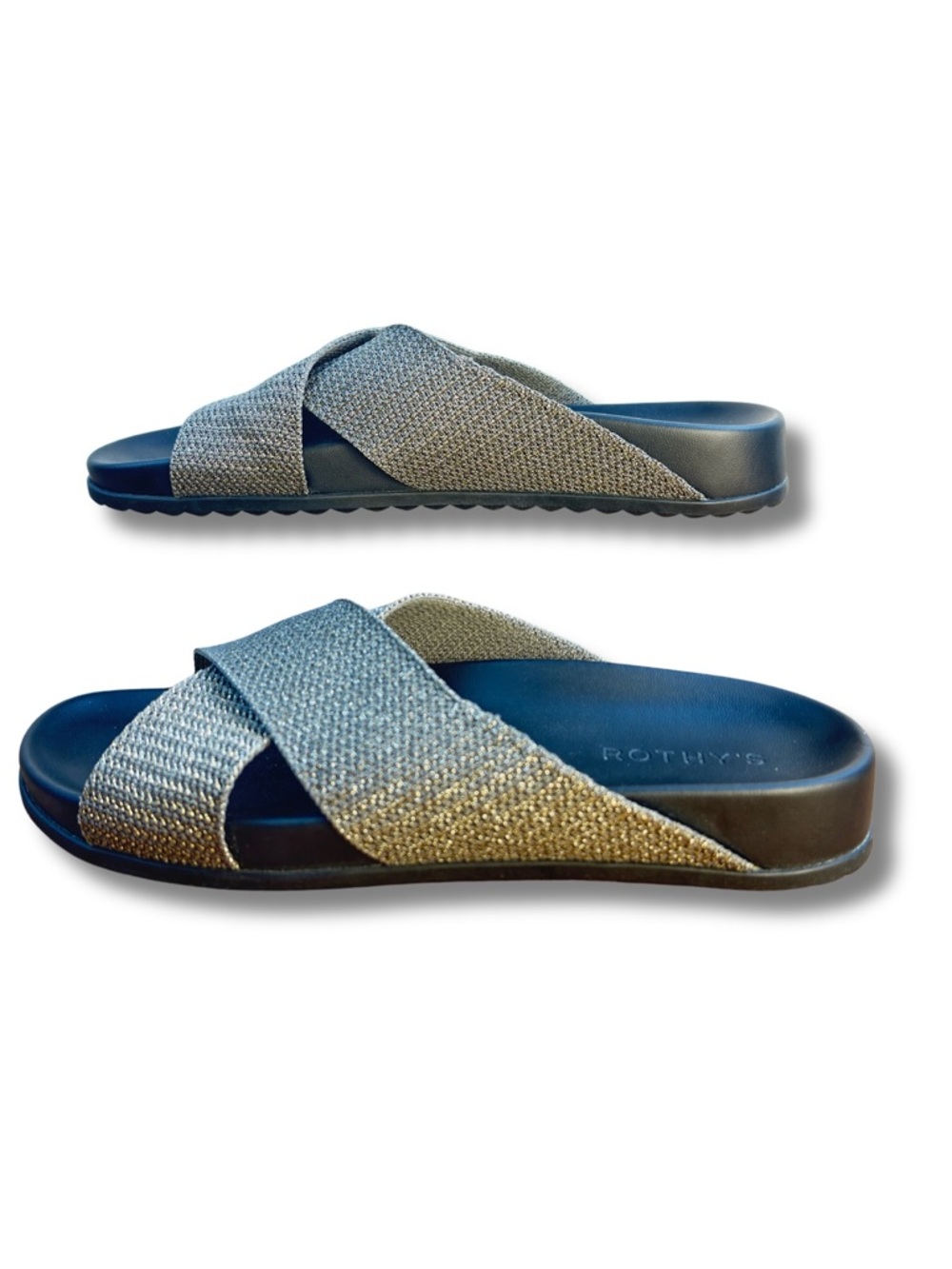 Rothy’s The Weekend Slide Sandals Women’s 8.5 Silver Sand Metallic Crisscross - Picture 5 of 11